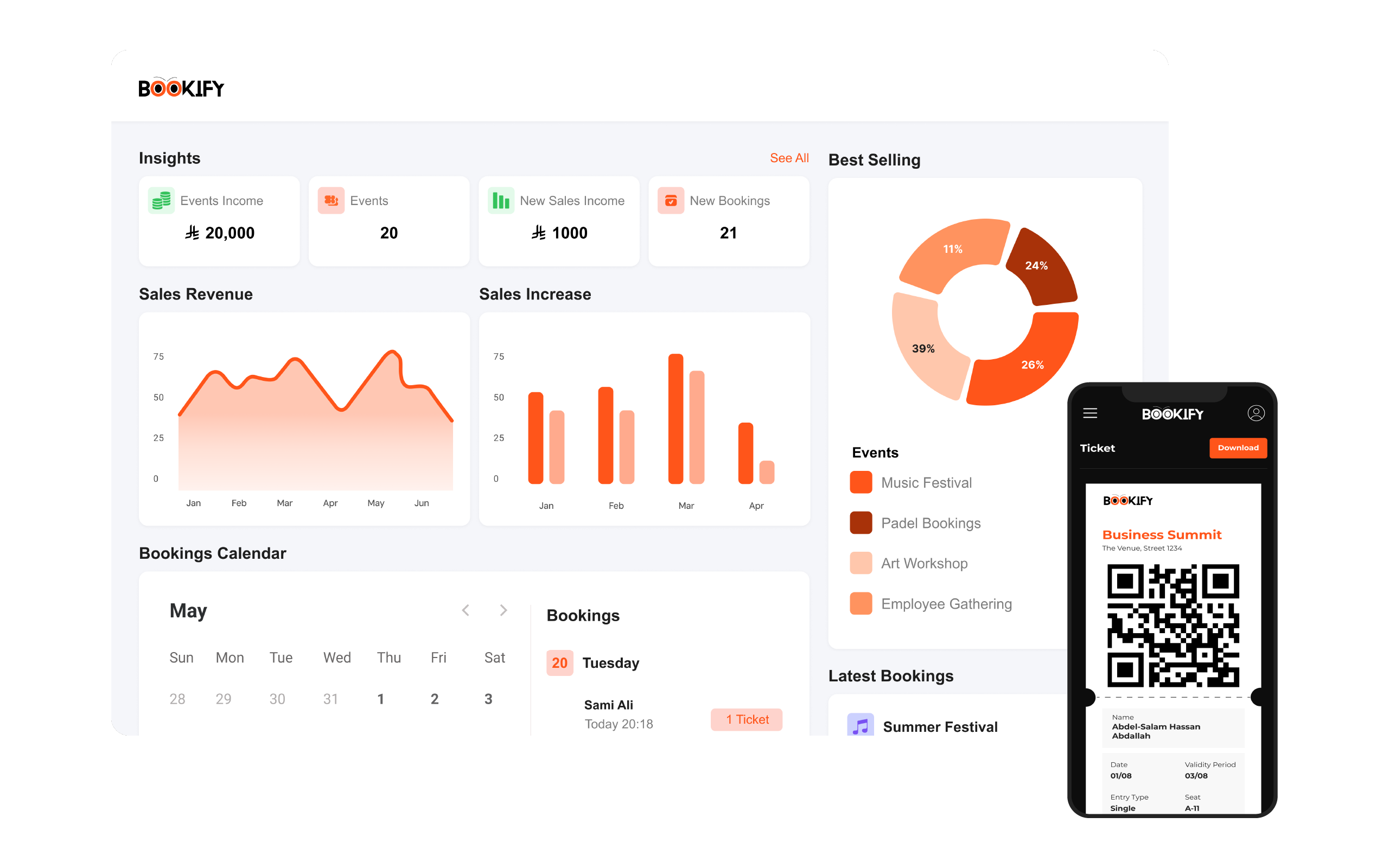 Bookify organizer dashboard with insights, sales charts, bookings calendar and mobile ticket